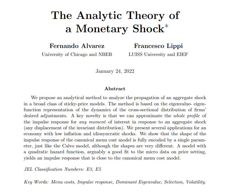 ecmaEditors's tweet photo. We develop a method to analytically compute impulse response functions (IRF) to aggregate shocks in models with idiosyncratic shocks and where agents follow generalized Ss rules. We apply it to price setting to compute the IRF to a monetary shock https://t.co/jl9651Njs9 https://t.co/JrXlZLhhU0