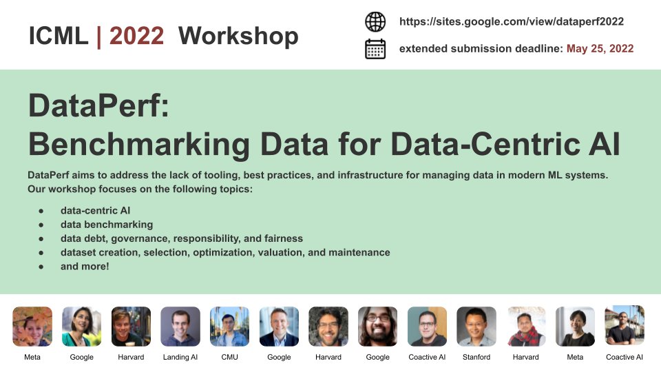 laroyo's tweet image. 📢Submission deadline extended --&amp;gt; 📍25-May📍
Inviting papers on tools, best practices, infrastructure for #datacentric #AI to #DataPerf #workshop at @icmlconf 
sites.google.com/corp/view/data…
w/ @tzushengkuo, @laroyo, @heuristicity, @ColbyBanbury, @james_y_zou, @profvjreddi, @codyaustun