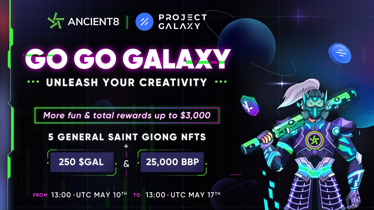 🔥 Did you feel the heat from our Apeing Fest May Madness? 

Come and join our 'Go Go Galaxy - Unleash your creativity' event to share a total reward value of 250 $GAL + 5 General Saint Giong #NFTs + 25,000 BBP! 

Join our event here 👇

gleam.io/U1U2m/go-go-ga…

#GameFi #P2E