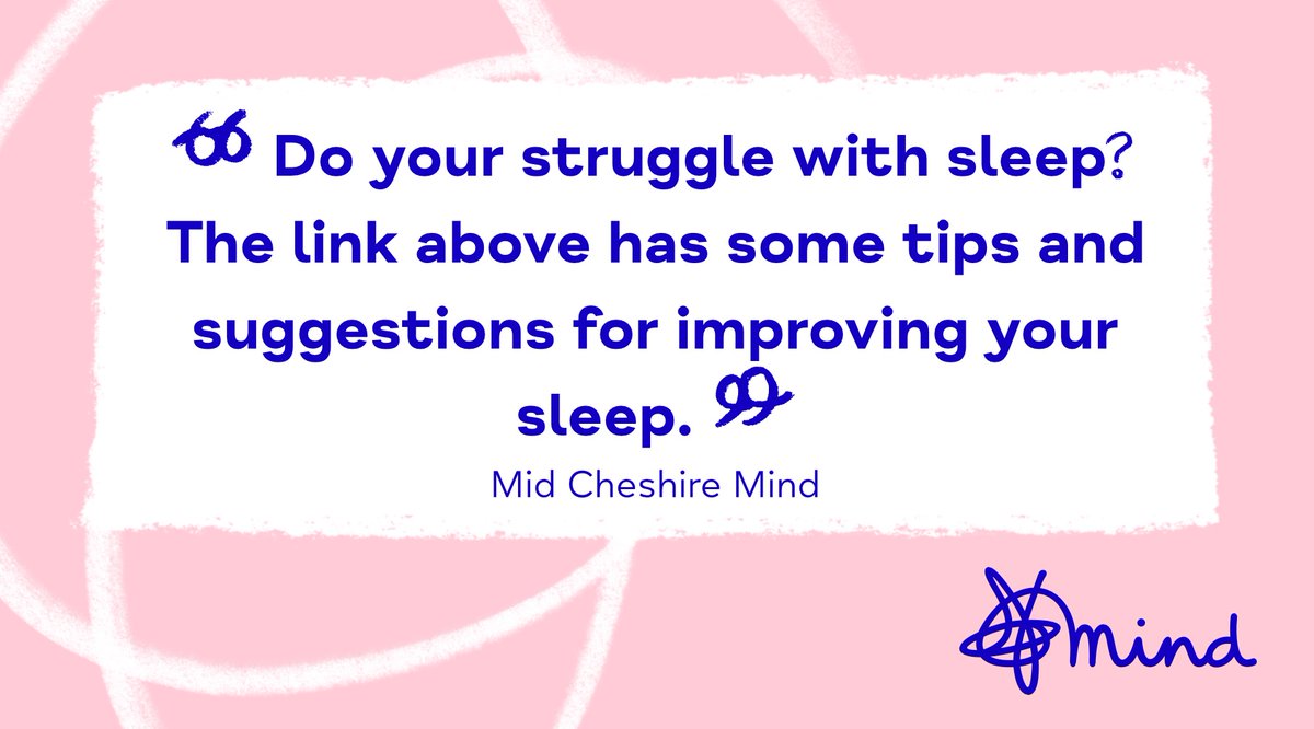 CheshireMind's tweet photo. Do you struggle with sleep? Click on the link below for some tips and suggestions ⬇️
https://t.co/LgyC9dSGsh
#tipsforsleep #midcheshiremind #wellbeingtips #mentalhealth #mentalhealthawareness #mentalhealthawarenessweek #winsford #winsfordcheshire #MHAW #SpeakToMind https://t.co/FHHKlgF65J