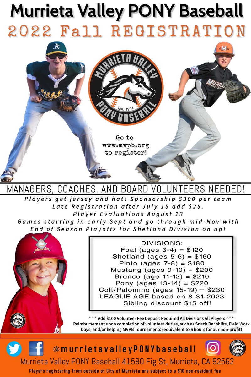 YAY! MVPB fall 2022 registration is OPEN!!
#murrietavalleyPONYbaseball