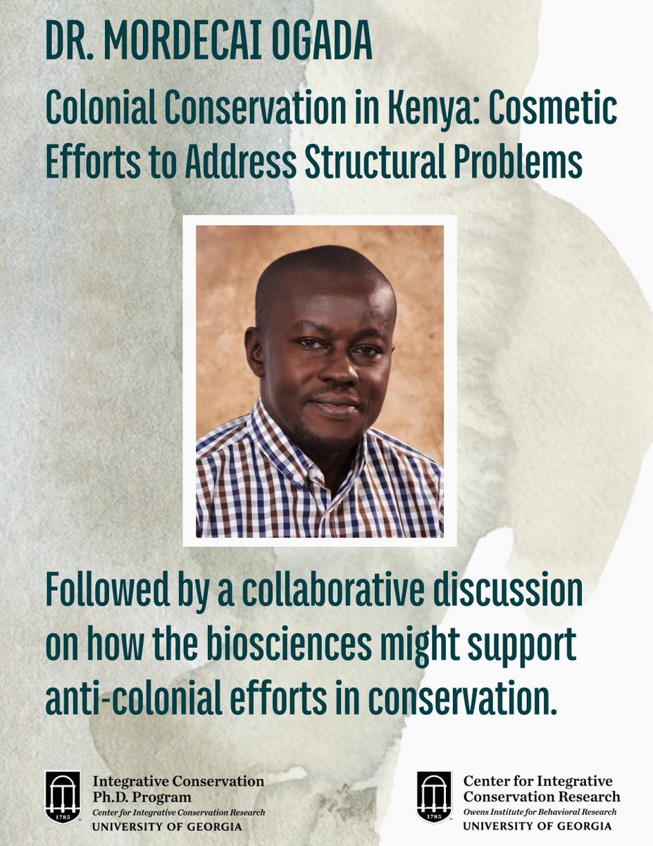 UGACICR's tweet photo. Please join us today⏰1:30 - 3:30 PM EST for our conversation with Dr Mordecai Ogada, "Colonial Conservation in Kenya: Cosmetic Efforts to Address Structural Problems"💯

✅👉https://t.co/Vm9i9Wk0DK

👉#anticolonial #conservation #conversations + #decolonizingconservation https://t.co/KBXgpbm1d2