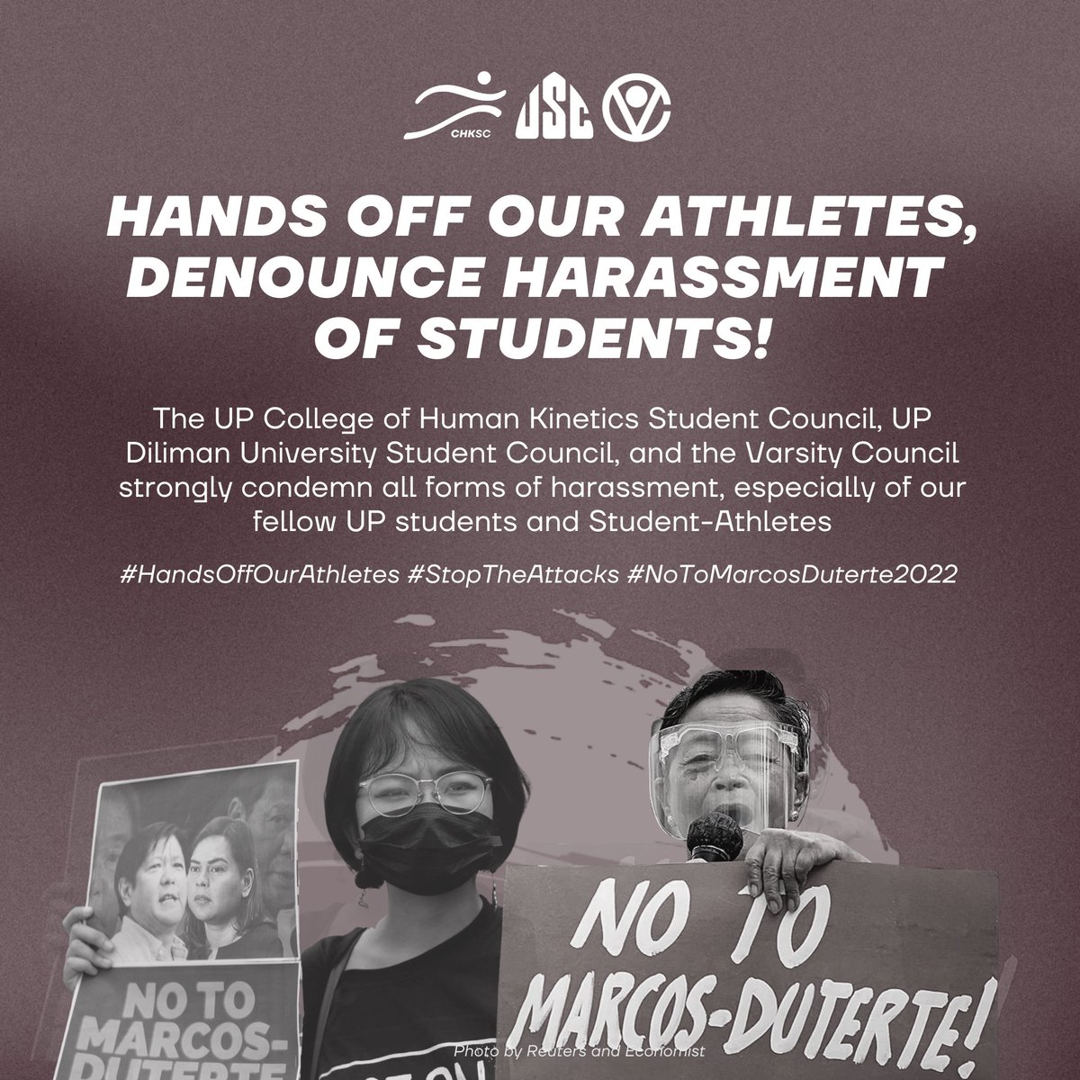 USCUPDiliman's tweet photo. A Joint Statement from UP CHKSC, UPD USC, &amp; Varsity Council on the recent harassment to our fellow UP  students &amp; Student-Athletes

"We demand the university officials to take a stand and condemn the incidents of harassments towards its community members."

#HandsOffOurAthletes https://t.co/z6xe18WfqB