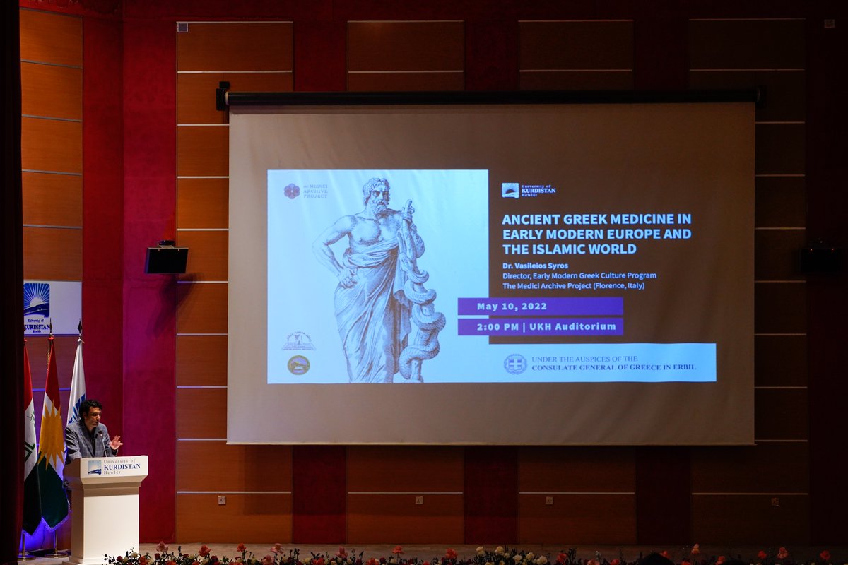 In collaboration btw <a href="/GreeceInErbil/">Greece In Erbil</a> , #UKH, <a href="/SalahaddinUni/">SalahaddinUniversity</a>, <a href="/UKH_official/">University of Kurdistan Hewlêr</a>
<a href="/HawlerMedUni/">Hawler Medical University</a>, Greek scholar Dr. Vasileios Syros delivered a seminar “Ancient Greek Medicine in Early Modern Europe and the Islamic World” at UKH Tuesday 10 May 2022.