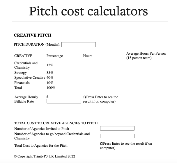 ArvindHickman's tweet photo. EXCLUSIVE: We've teamed up with @TrinityP3 to create a pitch cost calculator to give agencies an idea of how much pitches cost. We have creative, media and procurement-led pitch calculators. Clink link, try it &amp; let us know what you think.
https://t.co/sX1mvSLJdp via @campaignmag https://t.co/u474YSF0Nj