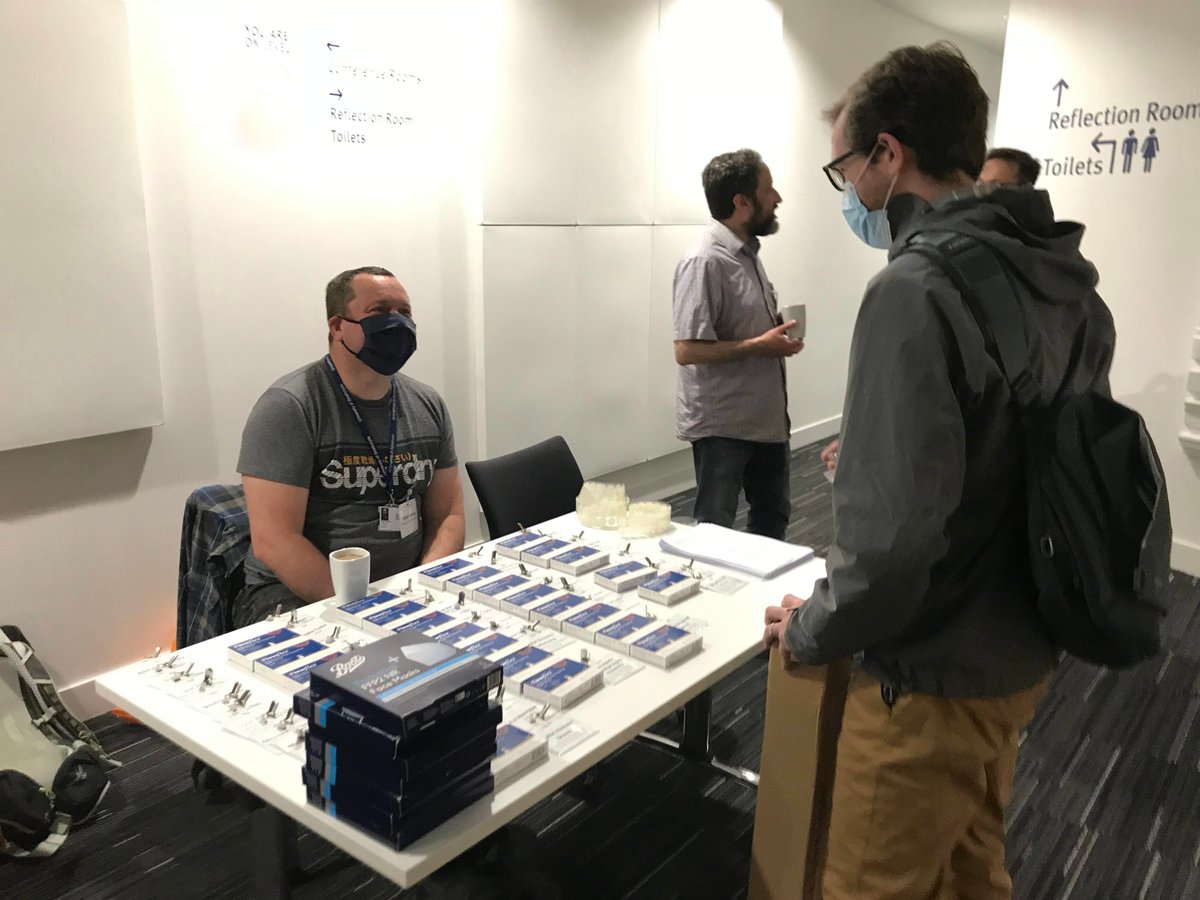PeterIMiller's tweet photo. Sign of the times: conference swag is COVID test kit and facemask. Welcome though... #GlobalHAB Workshop on Modelling and Prediction of #HarmfulAlgalBlooms, Glasgow. https://t.co/uSOdrxfGIK https://t.co/E4mxkovN4k