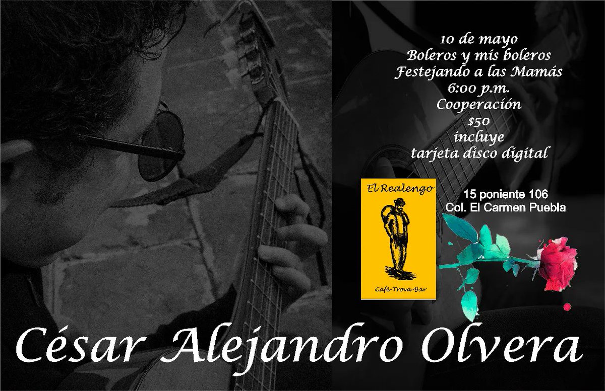 Hoy <a href="/CsarAlejandroO3/">César Alejandro Olvera Cantautor</a> festeja a todas las mamás en su día, con un repertorio hermoso de boleros para que se pasen un día agradable.
La cita es hoy a las 6pm en el Realengo... Los esperamos por allá...