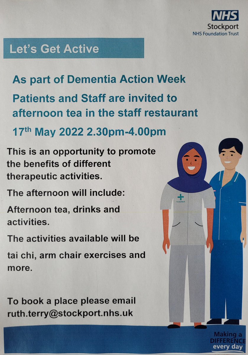Ruthterry (@ruthterry470) on Twitter photo One week to go until the Let's Get Active Afternoon Tea <a href="/StockportNHS/">Stockport NHS FT</a> as part of Dementia Action Week. The event is for inpatients who are living with dementia. A relaxed, full of fun & cake afternoon. What's not to love? Book your patients a place by 12th May #DAW2022 One week to go until the Let's Get Active Afternoon Tea <a href="/StockportNHS/">Stockport NHS FT</a> as part of Dementia Action Week. The event is for inpatients who are living with dementia. A relaxed, full of fun & cake afternoon. What's not to love? Book your patients a place by 12th May #DAW2022