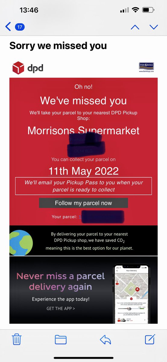 GillM67's tweet photo. @DPDgroup_news what utter codswallop is this? Who agreed for my parcel to be left at a supermarket 3 miles away? Just received an email saying ‘sorry we missed you’. More like sorry couldn’t be bothered because delivery person been nowhere near my address today. #shambolic https://t.co/wJ2zbHoyjl
