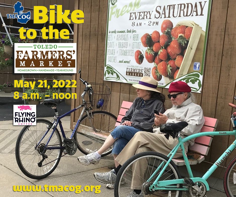 Please ride on over &amp; join us! <a href="/FMAT_Toledo/">ToledoFarmersMarket</a>  Free #bikemonth t-shirts, NEW bike maps &amp; free, yes free coffee😀 <a href="/flyingrhino/">Flying Rhino Coffee</a>  <a href="/TrafficWeAre/">WeAreTraffic</a> <a href="/TAB_Toledo/">ToledoAreaBicyclists</a> mvadventurers.org <a href="/TMACOG/">TMACOG</a> <a href="/GTmacog/">Gohio Commute TMACOG</a> <a href="/TARTA_Toledo/">TARTA</a> <a href="/MyMetroparks/">Metroparks Toledo</a> <a href="/woodparkdist/">Wood County Park District</a> <a href="/city_of_toledo/">City of Toledo</a>