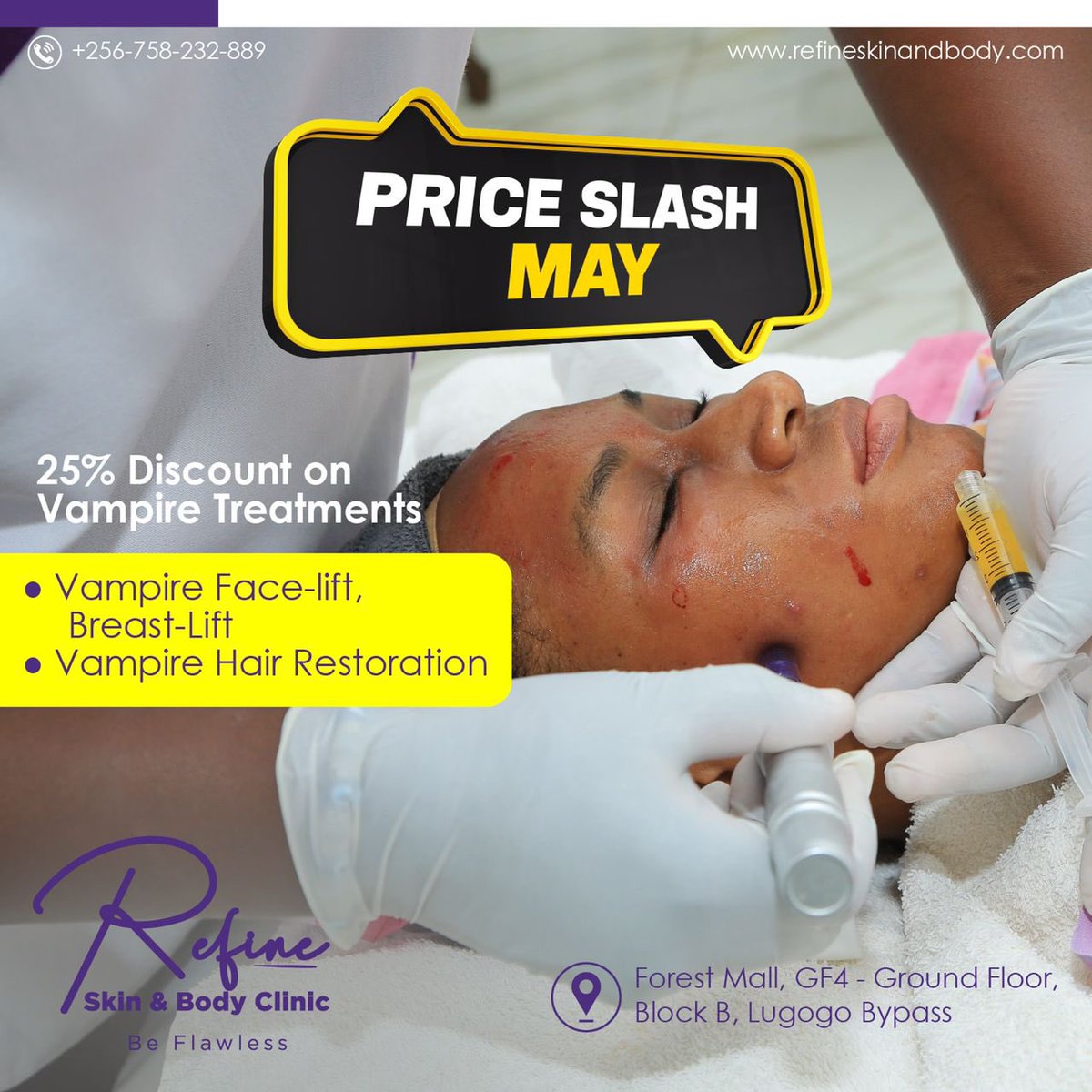 RefineClinicUG's tweet photo. Don’t miss our 25% Discount on Vampire Treatments like Vampire Face-Lift, Breast Lift, Vampire Hair Restoration &amp; more.

For bookings: 0758 232 889

#BeFlawless #VampireTreatments #VampireFaceLift #VampireHairRestoration #BreastLift https://t.co/4i8squxMWQ