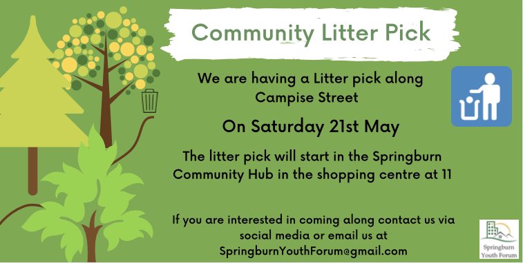 This months Community Litter Pick is next Saturday along Campise Street !!

Meet us at the Springburn Community Hub at 11am to take part. All equipment if provided all you have to do is come along