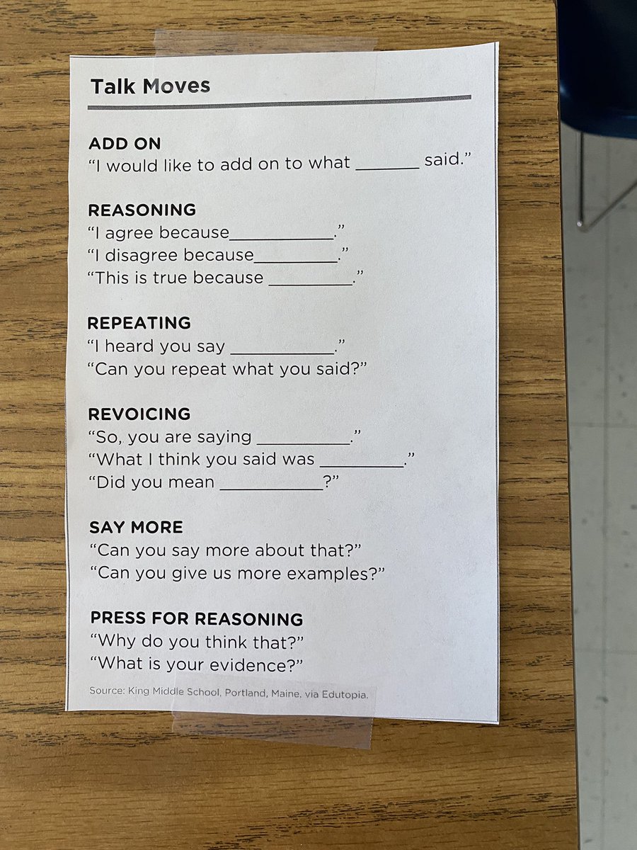 MsFlorioMaltz's tweet photo. Did some group reading conferences  to start the week strong. Also taped some oracy sentence stems to the desks to elevate group discussion. Can’t wait to try this out for the literature circles coming up…#staytuned #talkmoves https://t.co/RF2tkYvqhF