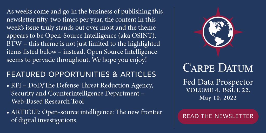 CarpeDatumDC's tweet image. Stay up to date on the latest federal opportunities and industry news with Carpe Datum&apos;s Federal Data Prospector Weekly Newsletter. carpedatumdc.com/newsletter/ #fedopps #fedbiz #govbiz #govnews #newsletter #data