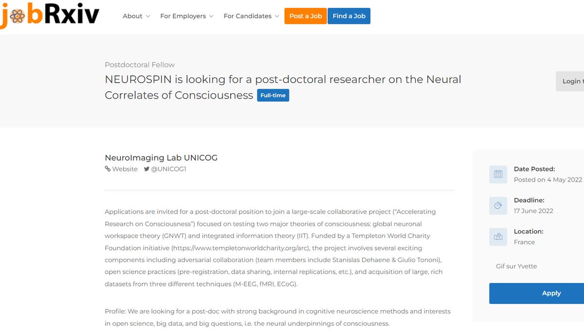 jobRxiv's tweet image. NEUROSPIN is looking for a post-doctoral researcher on the Neural Correlates of Consciousness  

NeuroImaging Lab @UNICOG1, Gif sur Yvette, France

jobrxiv.org/job/neuroimagi… 

#ScienceJobs @NeuroSpin_91 @CEAParisSaclay #cognitive_neuroscience