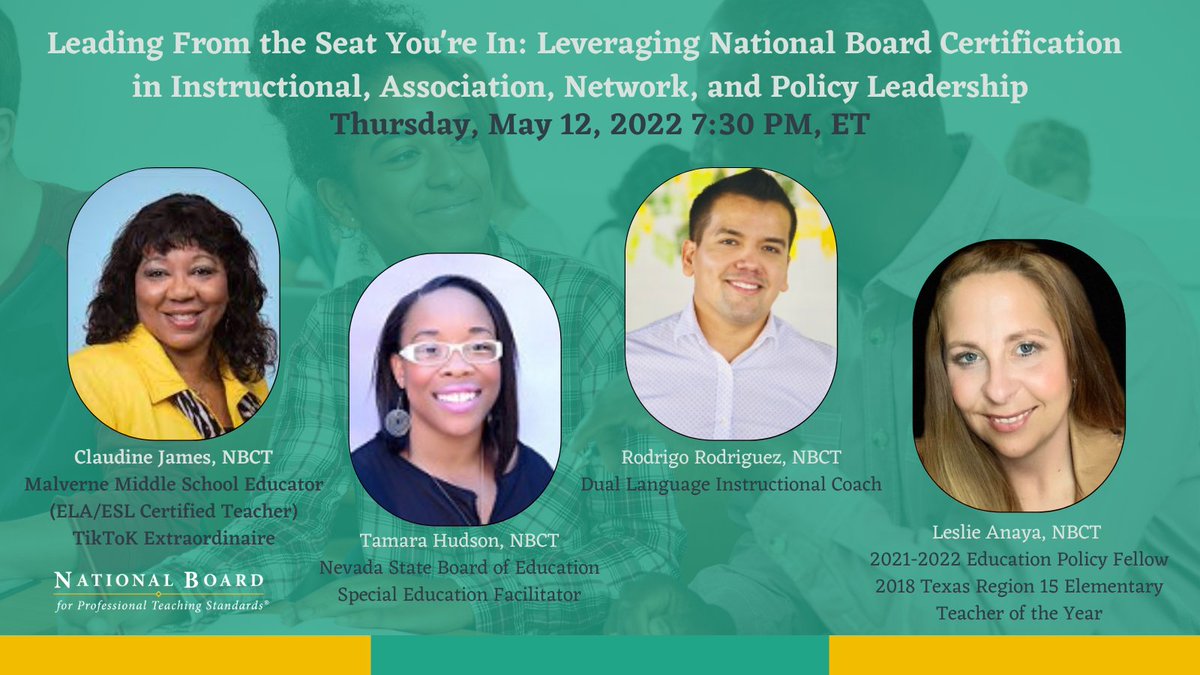 NBPTS's tweet photo. Don't miss the #CoreConnections webinar this week being hosted by quite a few superstar NBCTs! Learn to lead from your seat, and leverage your national board certification as a tool for leadership! https://t.co/a7uMPw5KTu https://t.co/zETJayzg9W