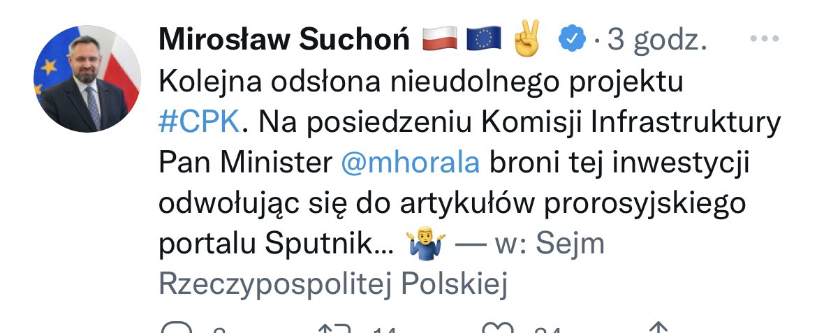mhorala's tweet photo. CPK, projekt o strategicznym znaczeniu dla Polski jest od wielu lat konsekwentnie atakowany z różnych kierunków, w tym zagranicznych. Dziś na komisji wskazywałem posłom opozycji, z których artykułów Sputnika pochodzą stawiane przez nich tezy. Jakby szturchnąć kijem gniazdo os. https://t.co/SXYmnQZkDD