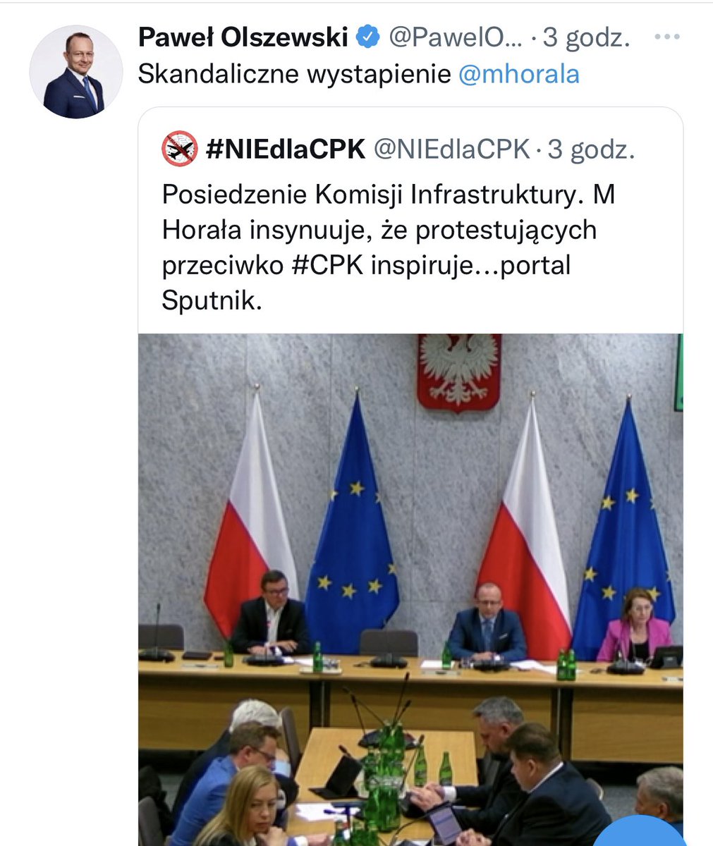 mhorala's tweet photo. CPK, projekt o strategicznym znaczeniu dla Polski jest od wielu lat konsekwentnie atakowany z różnych kierunków, w tym zagranicznych. Dziś na komisji wskazywałem posłom opozycji, z których artykułów Sputnika pochodzą stawiane przez nich tezy. Jakby szturchnąć kijem gniazdo os. https://t.co/SXYmnQZkDD