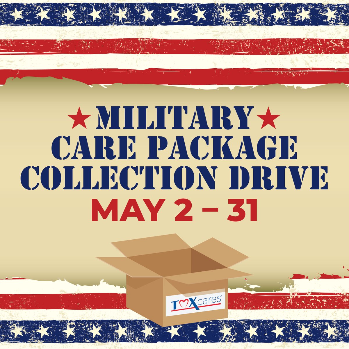 Help us support those who have served us during our #TMXCares Military Care Package Collection Drive! You can drop off necessities like toiletries and cotton undergarments as well as nonperishable snacks to any TitleMax®, TitleBucks®, or InstaLoan® location through May 31st!