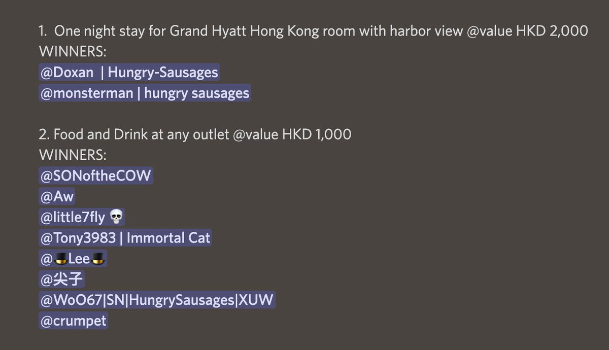 HungrySausages's tweet photo. 🔥Giveaways result announcement🔥

🌈Congratulations to 10 lucky winners🌈

🏆Jackpot: One night stay for Grand Hyatt Hong Kong room with harbor view @ value HKD 2,000 (2 WINNERS)

🥈2nd Prize: Food and Drink at any outlet @ value HKD 1,000 (8 WINNERS)

⚡Let's join our Discord⚡ https://t.co/EJN571AHFN