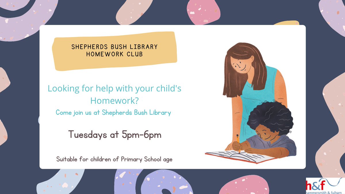LBHFLibraries's tweet photo. We are so excited to announce that we have a brand new Homework Help Club starting this afternoon at Shepherds Bush Library.☺️

Come and join us every Tuesday at 5pm-6pm.

#homeworkhelp
#primaryschoolhomework
#childrenslibrary #welovelibraries #shepherdsbushlibrary https://t.co/F9p77IjuH9