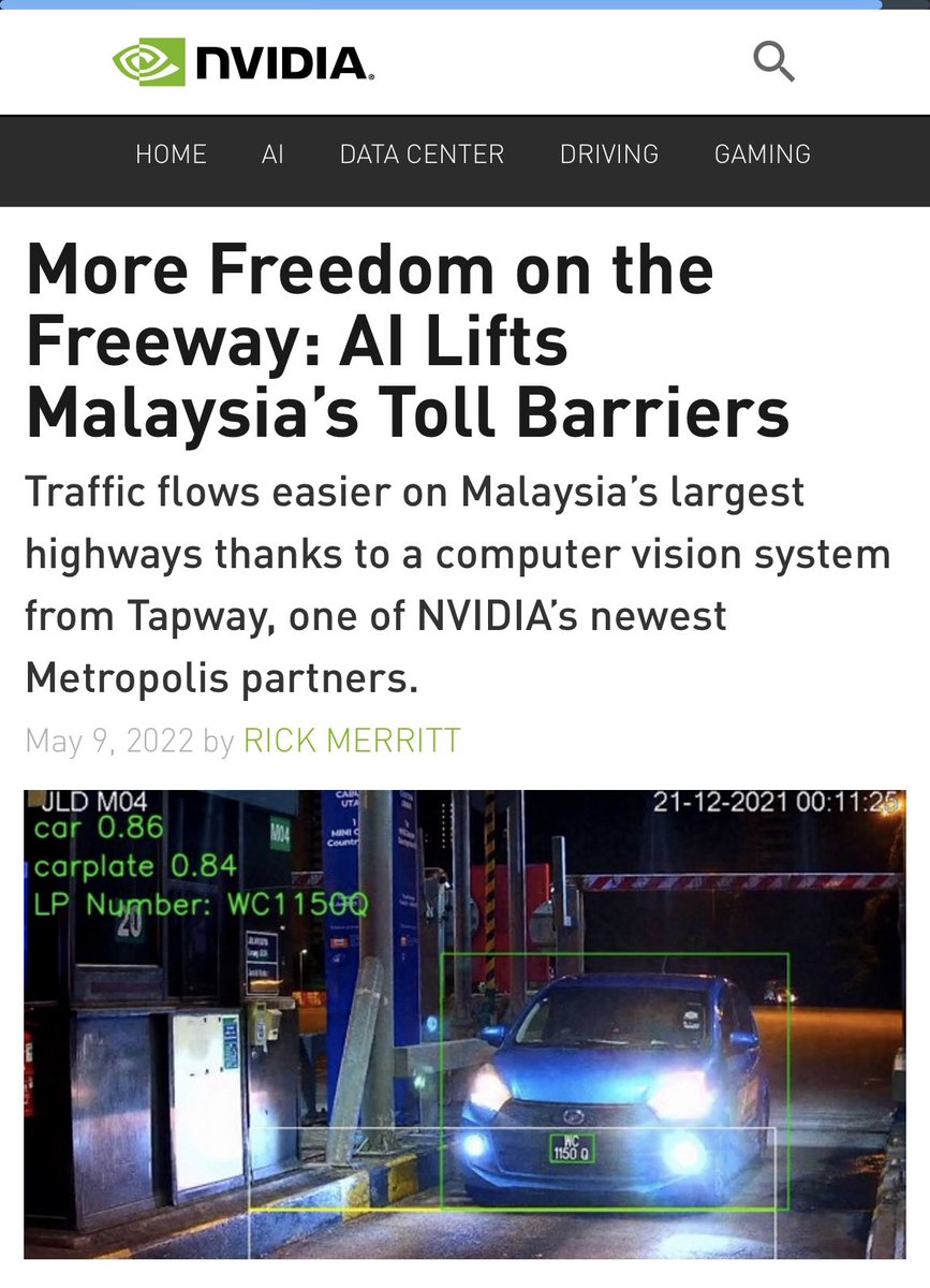 Richard Ker (@richardker) on Twitter photo Malaysian AI startup Tapway <a href="/TapwaySolutions/">Tapway Solutions</a> is working with NVDIA for barrier-free toll plazas
Read: blogs.nvidia.com/blog/2022/05/0β¦ Malaysian AI startup Tapway <a href="/TapwaySolutions/">Tapway Solutions</a> is working with NVDIA for barrier-free toll plazas
Read: blogs.nvidia.com/blog/2022/05/0β¦
