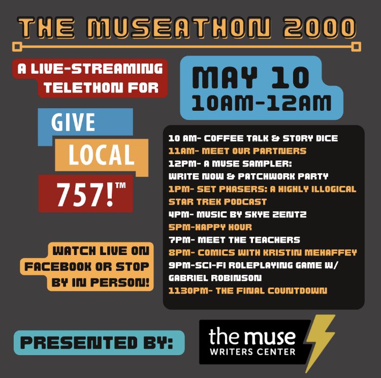 MuseWritersCntr's tweet photo. Starting soon! We have 14 straight hours of aMUSEment planned for you today — join us in person at The Muse or live-streaming on Facebook for the #museathon2000 as part of #GiveLocal757! 

And don’t forget, donate to The Muse here: https://t.co/q8G6vMUudn https://t.co/qGhW89Sf7K