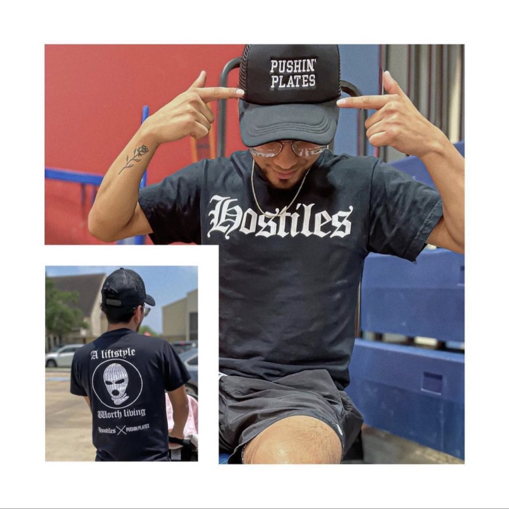 PushinPlatesLLC's tweet photo. DROP #2 IS TOMORROW 
Pictured is Pushin' Plates athlete, Christian Perez,
in our collab with his brand Hostiles This shirt
is a heavyweight cotton for lifestyle wear.
ALL ORDERS PLACED till May 25TH you will be
AUTOMATICALLY ENTERED into the giveaway for AirPods! https://t.co/AmMvteqsjm