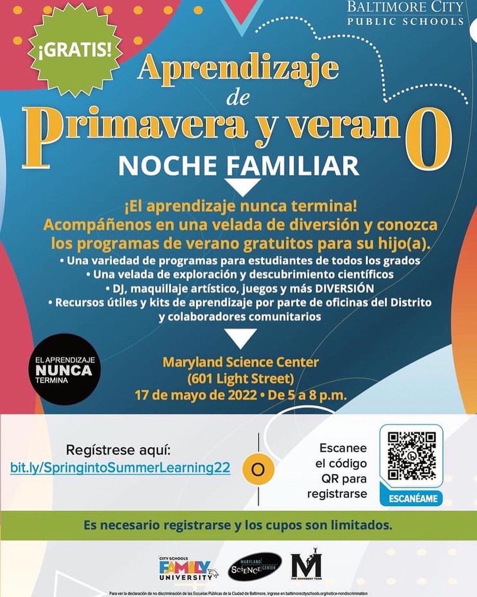 WHEMS_Library's tweet photo. FAMILIES! Join @baltcityschools for a fun night at the @mdsciencecenter on May 17 from 6-8 pm. This is a great chance learn all about our summer programs! Click here to register: https://t.co/ONPXnyVKcn https://t.co/3YrHtzfVEm