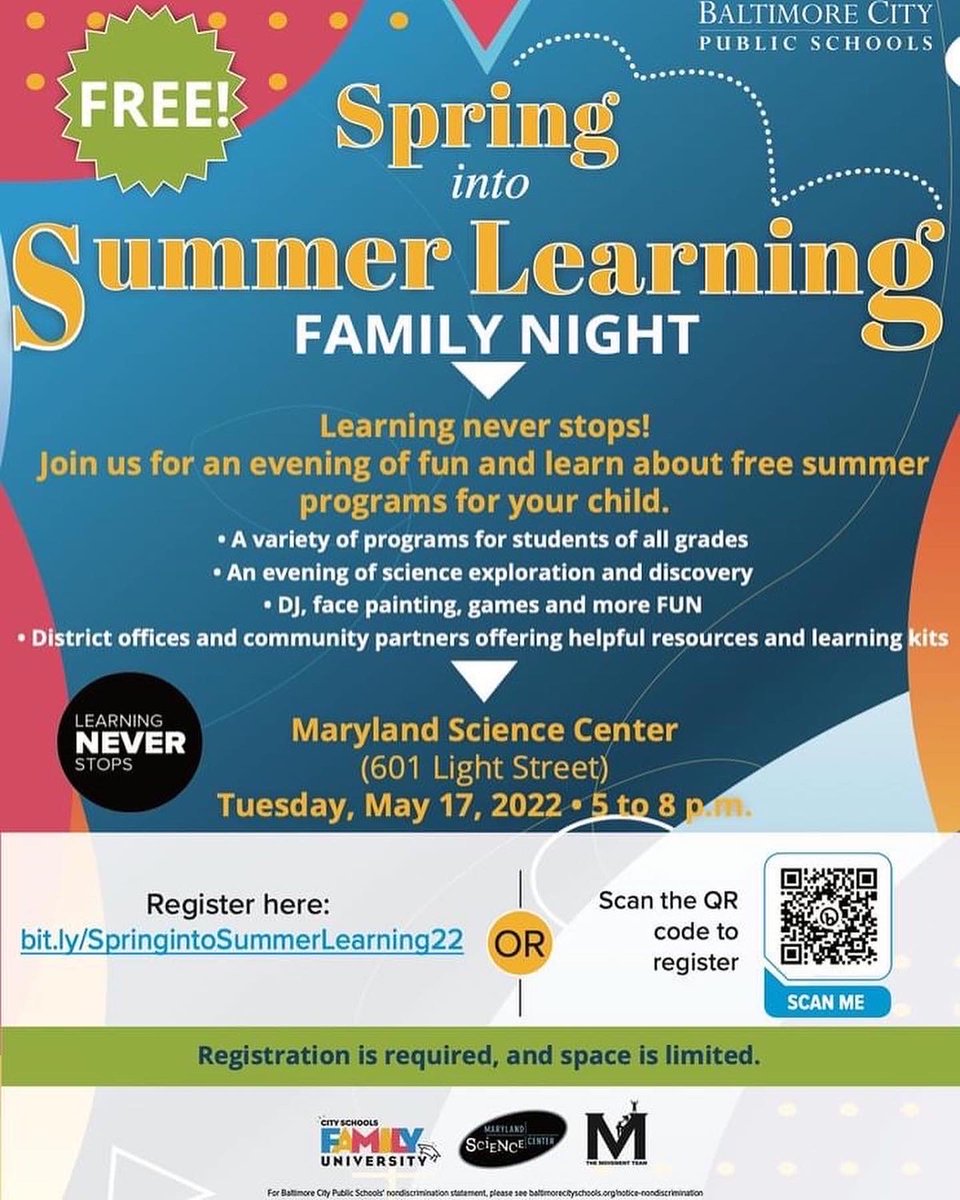 WHEMS_Library's tweet photo. FAMILIES! Join @baltcityschools for a fun night at the @mdsciencecenter on May 17 from 6-8 pm. This is a great chance learn all about our summer programs! Click here to register: https://t.co/ONPXnyVKcn https://t.co/3YrHtzfVEm
