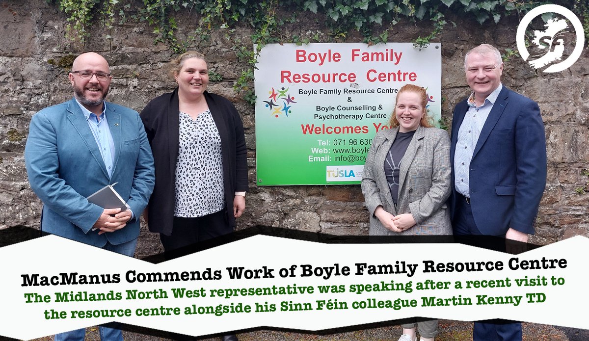 MacManusChris's tweet photo. I was delighted to visit Boyle Family Resource Centre recently. Had a very positive engagement with the staff there &amp; I want to commend them for their fantastic work in supporting the local community in Boyle &amp; surrounding areas. #Boyle 

Full Statement:
https://t.co/gstswStWVD https://t.co/kVswImAYpa