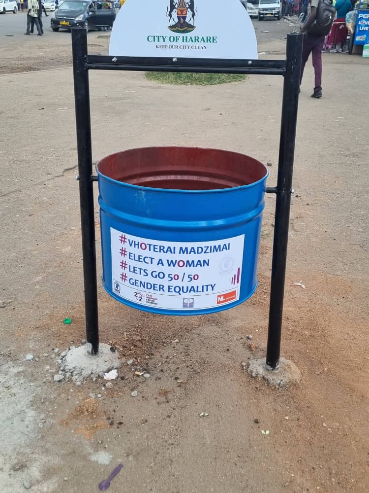 WalpeAcademy's tweet photo. As part of @WalpeAcademy's efforts to keep the environment clean, we have installed refuse bins at public transport ranks across Harare city centre. Register to vote in 2023 and vote for a woman. #DoNotLitter #VoteForAWoman #LetsGo5050 @cohsunshinecity @NLinZimbabwe @WLSAZW https://t.co/sL9Xy8tfll