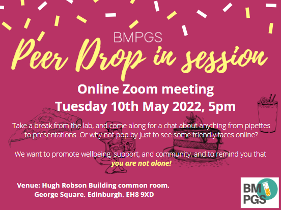 EdBMPGS's tweet photo. Come along and have a friendly chat with some of your fellow postgraduate students! 💬

📍Where? Hugh Robson Building, George Square, Edinburgh, EH8 9XD

⏰ When? Tuesday 10th May 2022, 5pm https://t.co/DL79YnUOzf