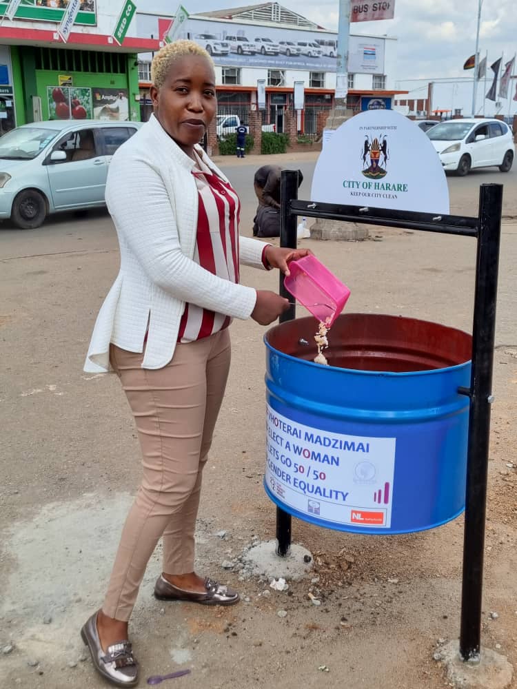 WalpeAcademy's tweet photo. As part of @WalpeAcademy's efforts to keep the environment clean, we have installed refuse bins at public transport ranks across Harare city centre. Register to vote in 2023 and vote for a woman. #DoNotLitter #VoteForAWoman #LetsGo5050 @cohsunshinecity @NLinZimbabwe @WLSAZW https://t.co/sL9Xy8tfll