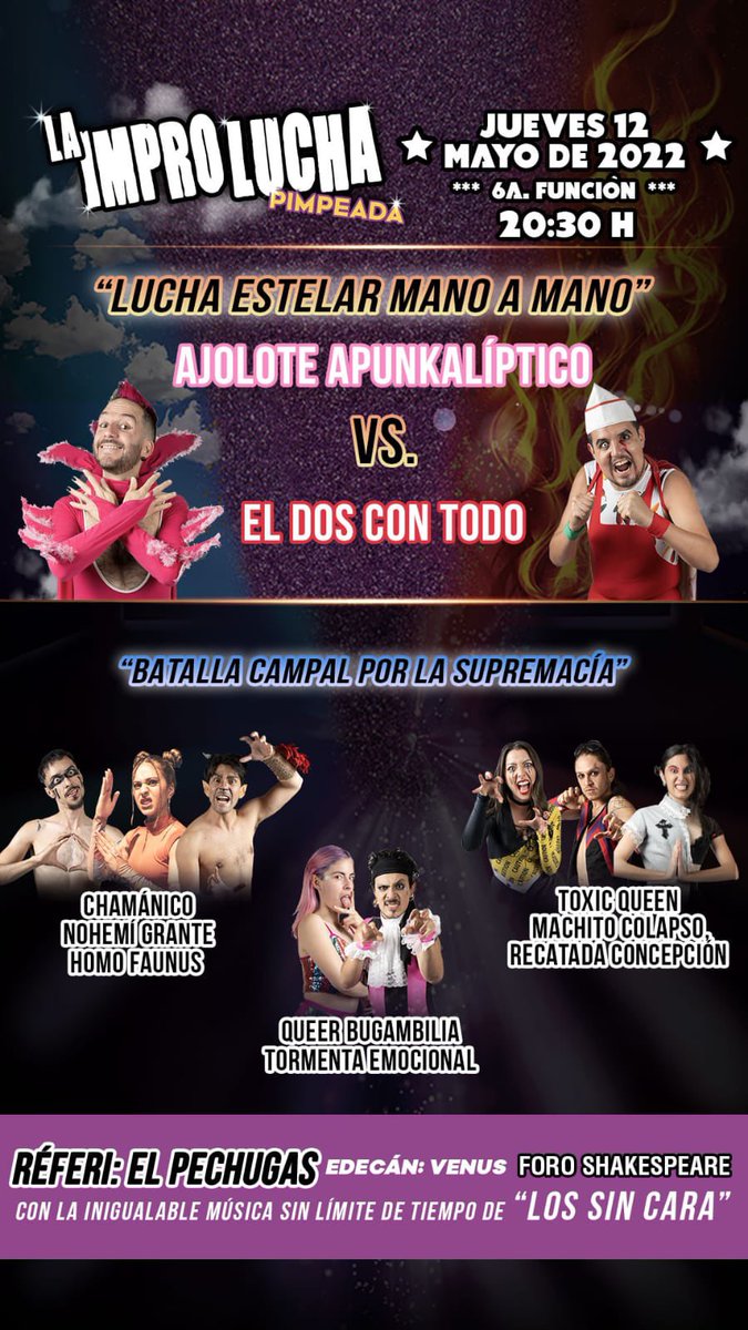 LaImproLucha's tweet image. ¡Atención banda!
Esta semana tenemos una BATALLA CAMPAL por la supremacía y además regresa el AJOLOTE APUNKALÍPTICO. Cómo siempre habrá muchas risas y adrenalina. ¿Nos vemos el jueves o que? 

Boletos en línea y en taquilla 

🎟 bit.ly/BoletosLaImpro…
☎️ +52 55 52560014