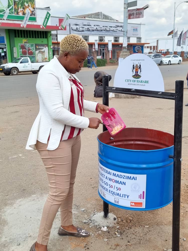 WalpeAcademy's tweet photo. As part of @WalpeAcademy's efforts to keep the environment clean, we have installed refuse bins at public transport ranks across Harare city centre. Register to vote in 2023 and vote for a woman. #DoNotLitter #VoteForAWoman #LetsGo5050 @cohsunshinecity @NLinZimbabwe @WLSAZW https://t.co/sL9Xy8tfll