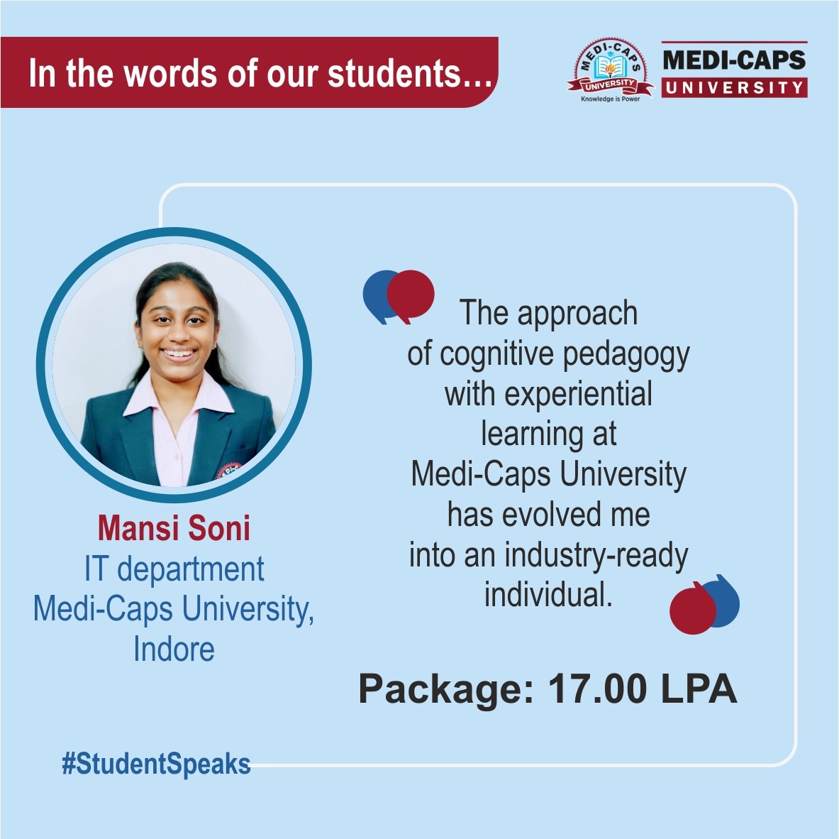 Medicaps_Indore's tweet photo. Heartiest congratulations to our student, Ms Mansi Soni for the remarkable commencement of her career. May she attain greater heights in her future endeavours.
__
#MediCapsUniversity #MediCaps #CampusPlacements #Placements #Jobs #Career #CampusDrive #IT #ITPlacements https://t.co/E5SJaHYybp