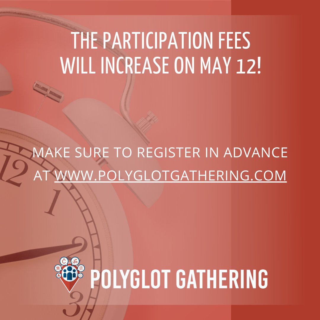 Make sure to register and pay before the fees increase on May 12 ⏰ and join us at the in-person #PolyglotGathering, June 1-6 in Poland 🇵🇱

👉 polyglotgathering.com/2022/registrat…

#polyglot