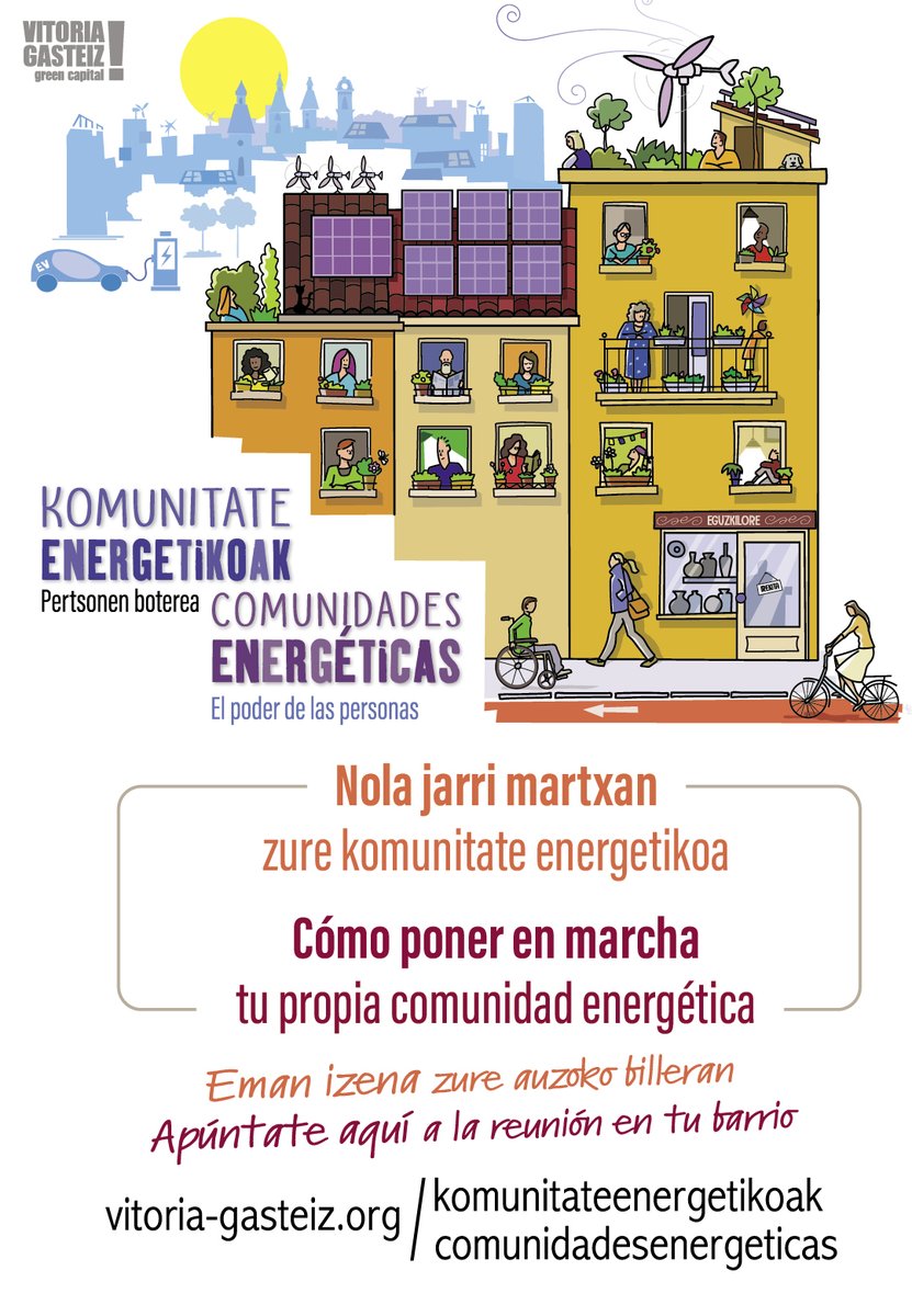 Segunda fase del proceso de sensibilización y formación sobre Comunidades Energéticas:  
🏘️Barrio a barrio, explicamos cómo poner en marcha proyectos de energía comunitaria  
➡️Próximas fechas en Arana y Elorriaga. ¡Anímate a participar! bit.ly/34HTR6X
