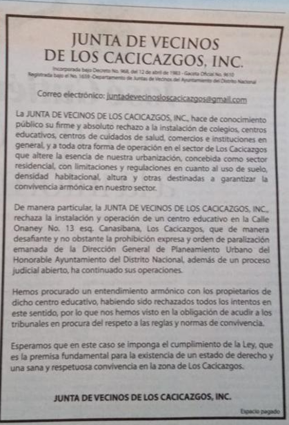 Apoyamos irrestrictamente planteamiendo de JV Los Cacicazgos,el orden establecido debe ser respetado. Todos debemos ser compromisarios de respeto de leyes, regulaciones, etc.  <a href="/AlcaldiaDN/">Alcaldía DN</a> Gracias <a href="/mayobanexsuazo/">Arq. Mayobanex Suazo</a> por siempre apoyar orden establecido por regulación en los sectores.