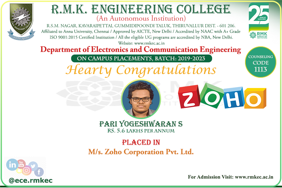 EceRmkec's tweet photo. Hearty Congratulations to PARI YOGESHWARAN S of 2019-2023 Batch for getting job offer in M/s. Zoho Corporation Pvt. Ltd. with a salary package of Rs. 5.6 Lakhs Per Annum. Wishing you all a great future! #RMKEC #ECE_Dept #Zoho #rmk_group_of_institutions #placements2023 https://t.co/X3Qinx1N3c