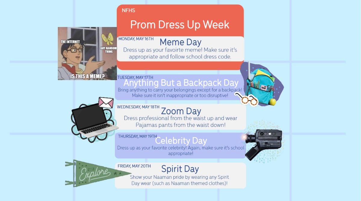 👕Hey seniors! Here are Dress-Up Days for the week of Prom! Be creative with it, but please make sure it’s still school appropriate and won’t be too distracting!