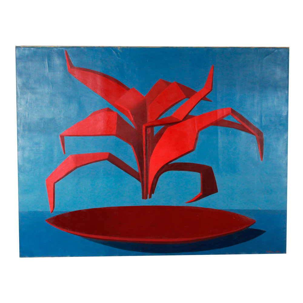 Bellamys_World's tweet photo. Andrée Pollier red floral geometric composition on a blue background from 1977.
Pollier started depicting an imaginary world in 1960, after devoting much of her life to landscapes. She #Painitings #geometric #colors #art #contemporaryart #contemporarypainting  #Bellamysworld https://t.co/vN7Obezbxg