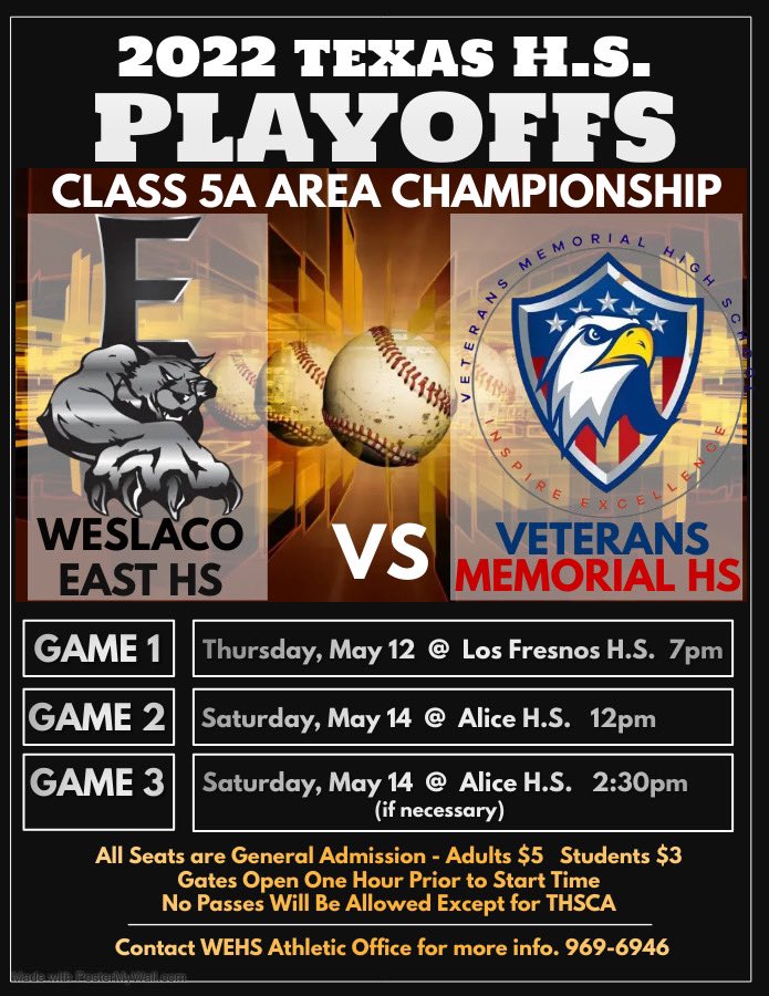 Our Bi-DISTRICT CHAMPS have earned their place in the 2022 Baseball Area Championship!!

Our Wildcats will face Corpus Christi Veterans in a 3-game series starting Thursday, May 12th in Los Fresnos @ 7PM. ⚾️🐾

The series will proceed on Saturday, May 14th in Alice @ 12PM.
 #ESSS