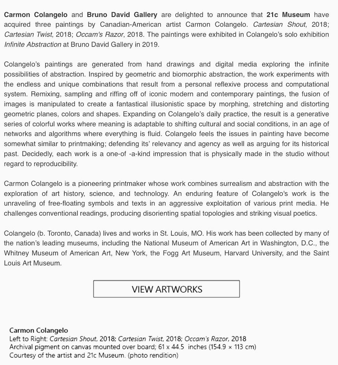 bdavidprojects's tweet image. The 21c Museum acquires 3 works by Carmon Colangelo. Bruno David Gallery congratulates Carmon Colangelo for the museum acquisition.  
More at  goodartnews.com/2022/05/10/21c… 
- 
-
#CarmonColangelo #WUSTL #samfoxschool  #MuseumAcquisition #contemporaryart #art #artadvisor #artconsultant