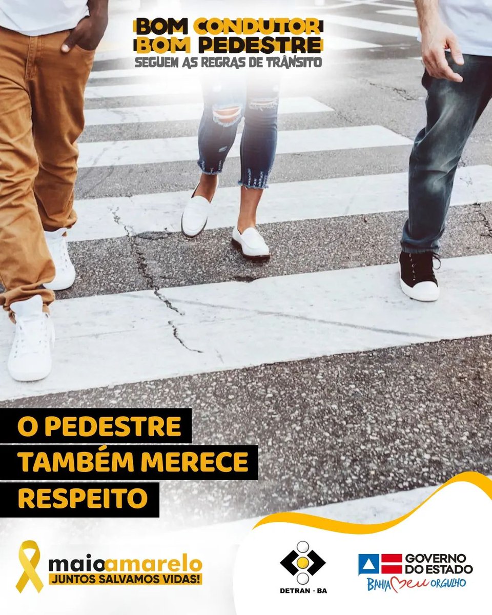 DetranBahia's tweet photo. Pedestres fazem parte do trânsito, e como todos os condutores, merecem respeito. Um condutor consciente respeita os direitos do pedestre!
#DetranBA #GovernoDaBahia #Pedestre #Respeito https://t.co/us0WyzMPNS