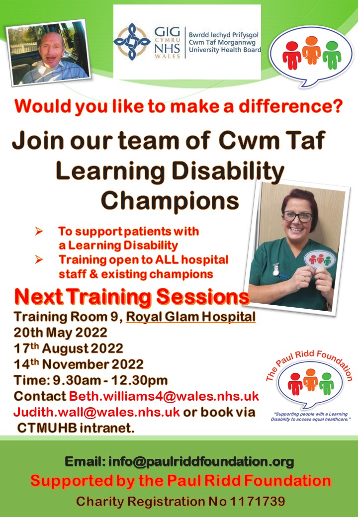Learning Disability champion training coming up in Royal Glam Hospital <a href="/CwmTafMorgannwg/">Cwm Taf Morgannwg University Health Board</a> see below for further details!