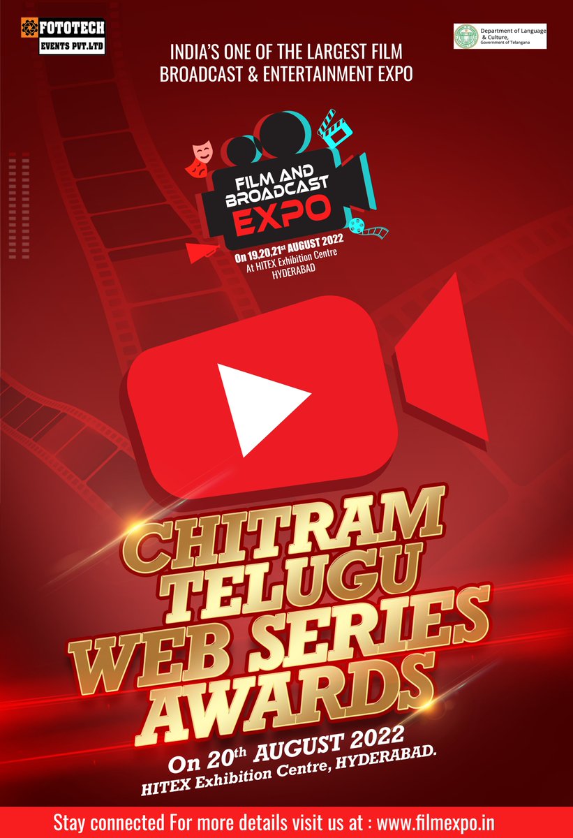 FilmExpoOffl's tweet photo. India's one of the Largest Film Broadcast &amp; Entertainment Expo - Film &amp; Broadcast EXPO 

Proudly Presents...

"Chitram Telugu Web Series Awards" on 20th August, 2022.

#FilmExpo #WebSeries #TeluguWebSeries #WebSeriesAwards #ChitramAwards #ChitramWebseriesAwards #TeluguDirectors https://t.co/g5OKaLeVY5