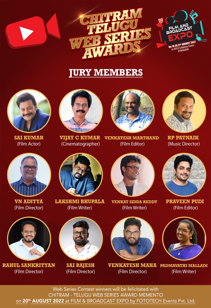 FilmExpoOffl's tweet photo. India's one of the Largest Film Broadcast &amp; Entertainment Expo - Film &amp; Broadcast EXPO 

Proudly Presents...

"Chitram Telugu Web Series Awards" on 20th August, 2022.

#FilmExpo #WebSeries #TeluguWebSeries #WebSeriesAwards #ChitramAwards #ChitramWebseriesAwards #TeluguDirectors https://t.co/g5OKaLeVY5