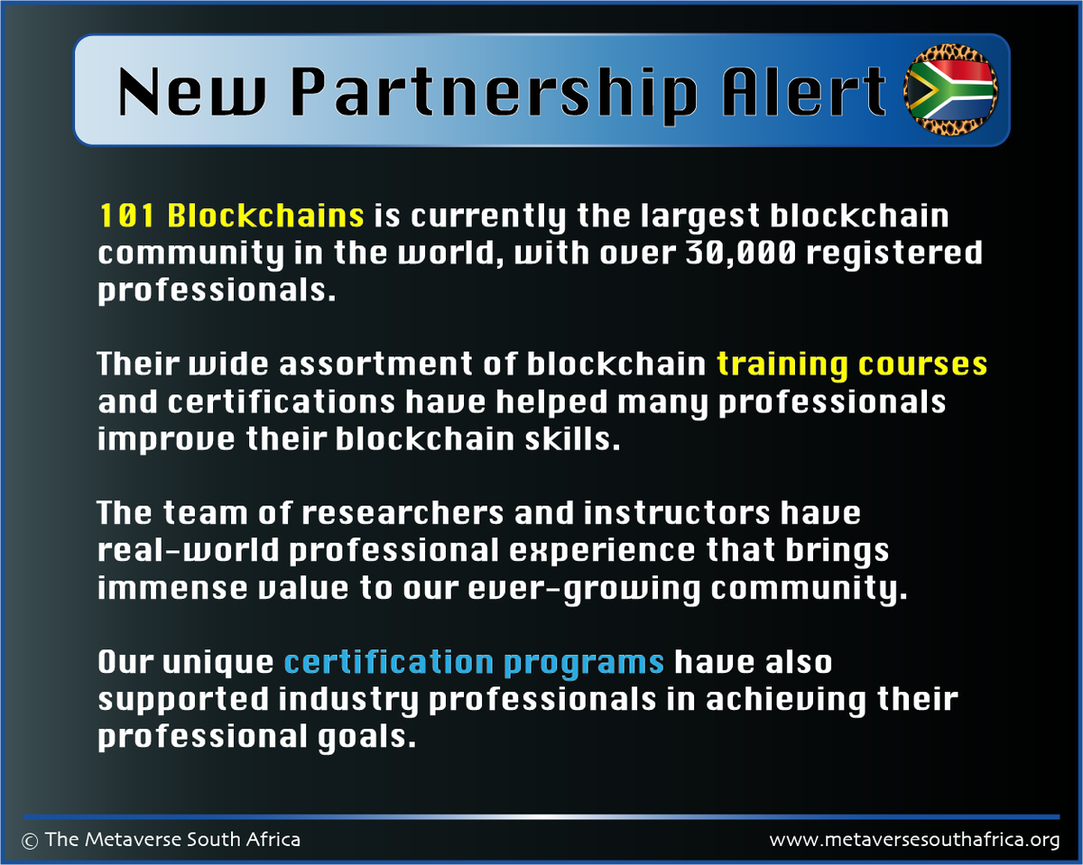 MetaverseSA's tweet photo. @MetaverseSA is excited to announce a new affiliate partnership with leading blockchain education &amp; research platform @101Blockchains. This partnership marks a significant milestone in our roadmap.

Keep following us for news &amp; updates on brand new courses.https://t.co/EFEOg5vbZd https://t.co/wcj68cU0cr